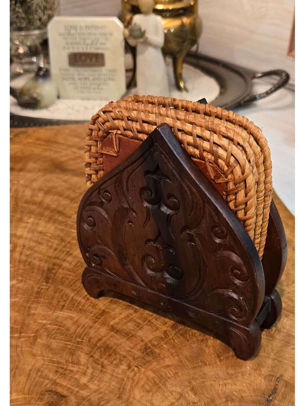 Vintage Hand Carved Wooden Napkin Coaster Letter Holder Woven Rattan Inserts